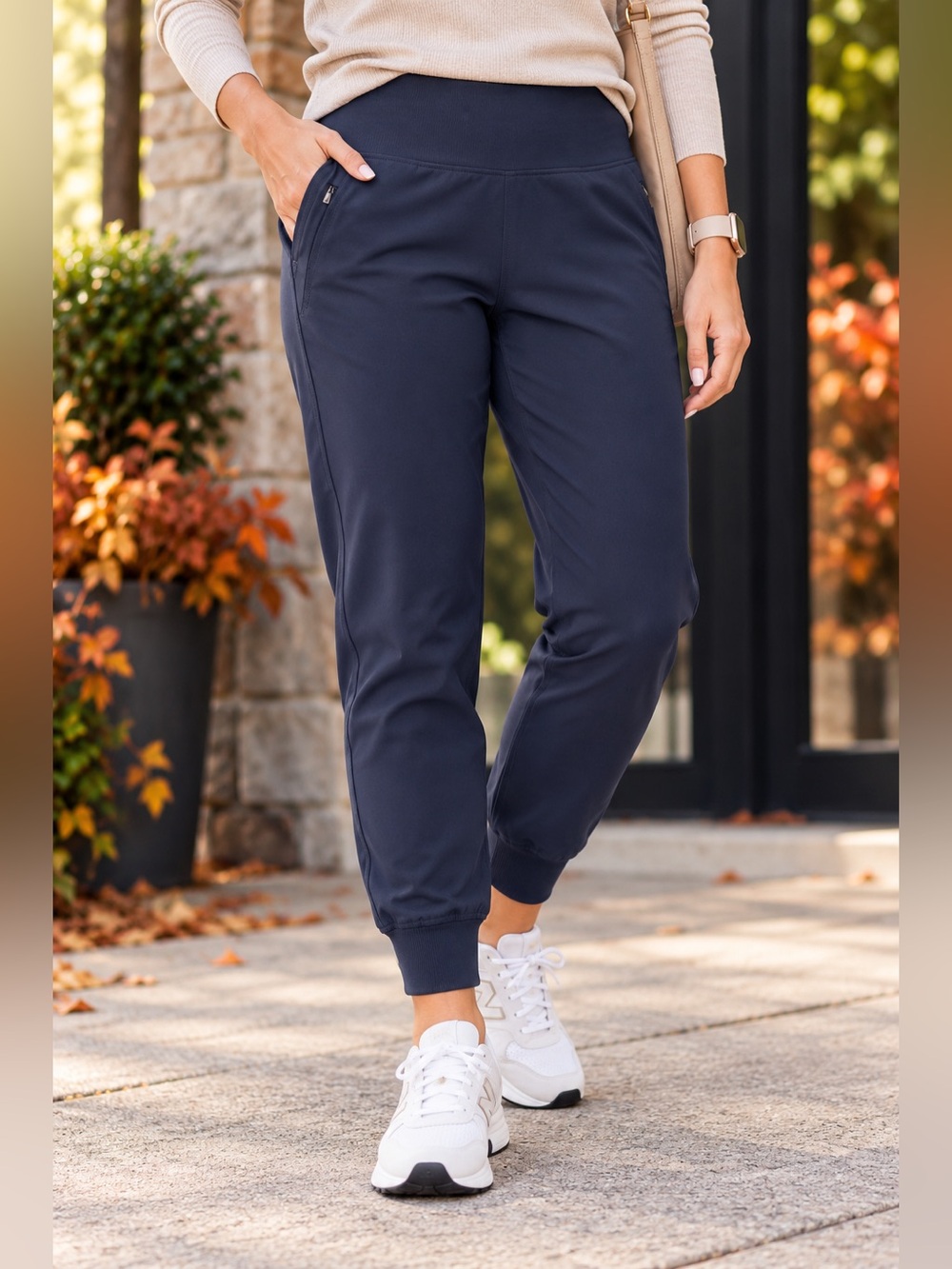 Athleta Venice Jogger Pants Women L Navy Blue High Rise Stretch Zip Pockets